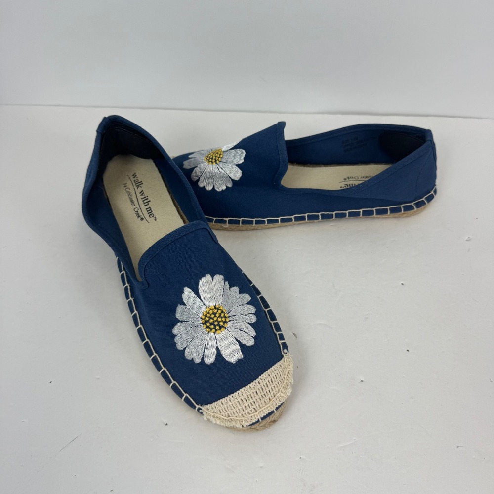 Coldwater Creek Walk With Me Navy Blue Daisy Embroidered Espadrille Flats Sz 7.5